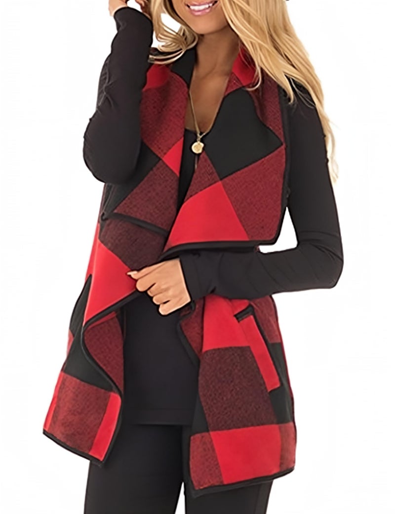 Unidear Womens buffalo Plaid Vest Casual Lapel Open Front Sleeveless Cardigan Jacket Coat Outfits with Pockets Red and Black L - Image 1
